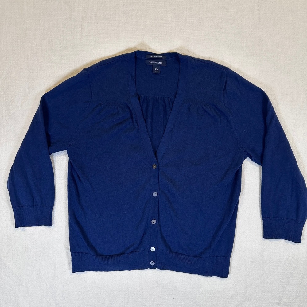 Lands End Womens Royal Blue Cotton Button Front Cardigan Sweater RN 62830